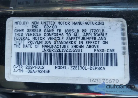 2003 Toyota Corolla S z USA, uszkodzony, nr VIN 1NXBR32E13Z155321